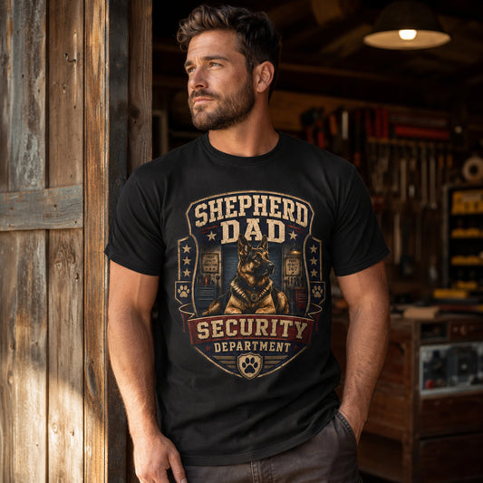 Model wearing a black Shepherd Dad Security Department t-shirt with a German Shepherd in a lifestyle scene