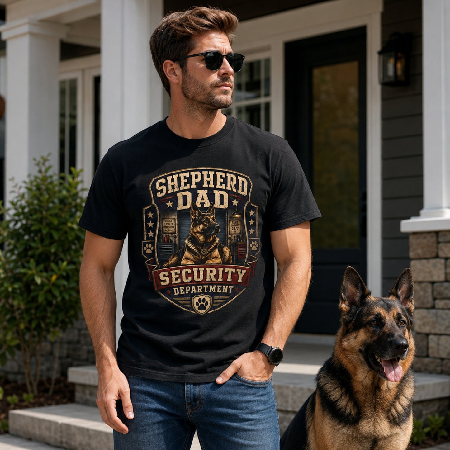 Model wearing a black Shepherd Dad Security Department t-shirt with a German Shepherd in a lifestyle scene