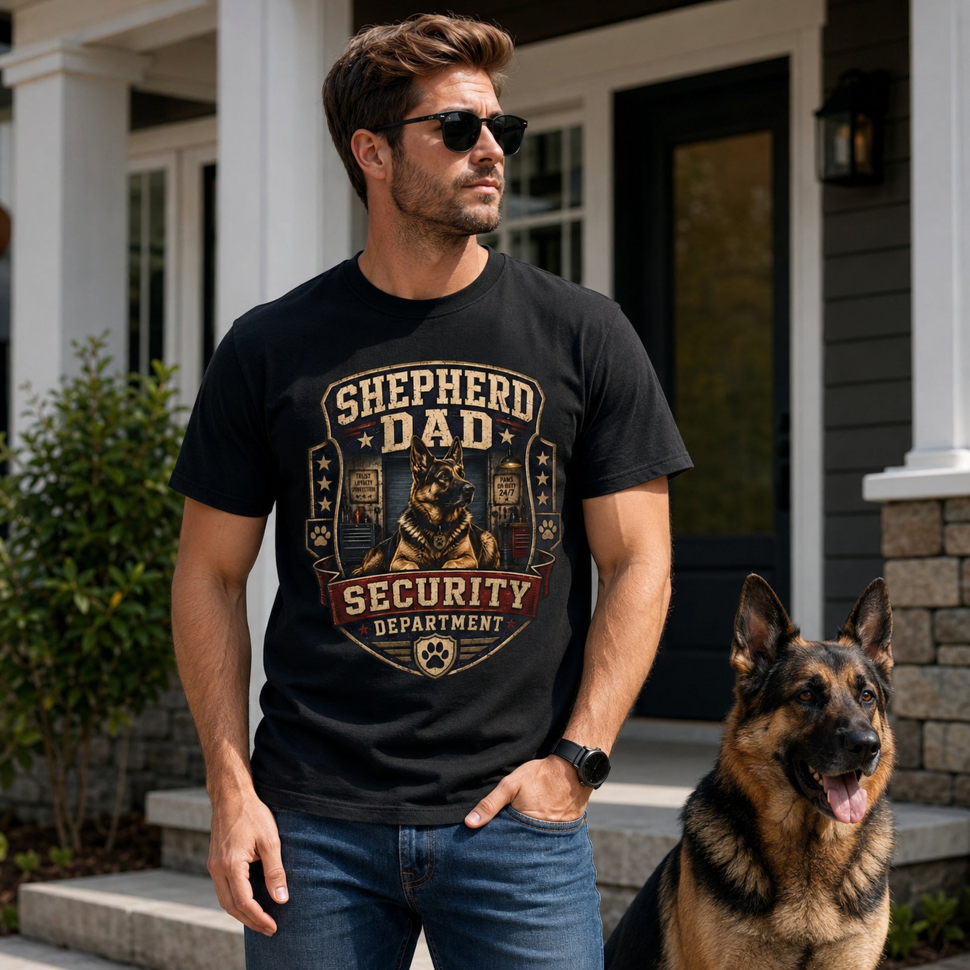 Model wearing a black Shepherd Dad Security Department t-shirt with a German Shepherd in a lifestyle scene