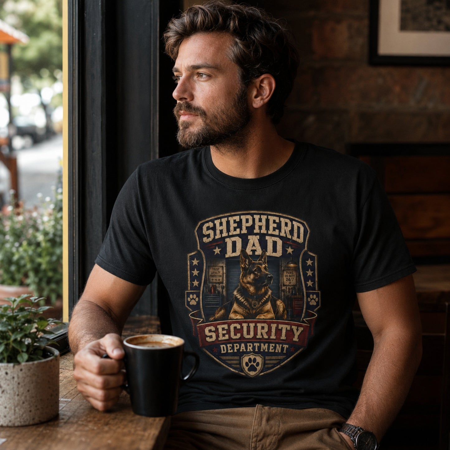Model wearing a black Shepherd Dad Security Department t-shirt with a German Shepherd in a lifestyle scene