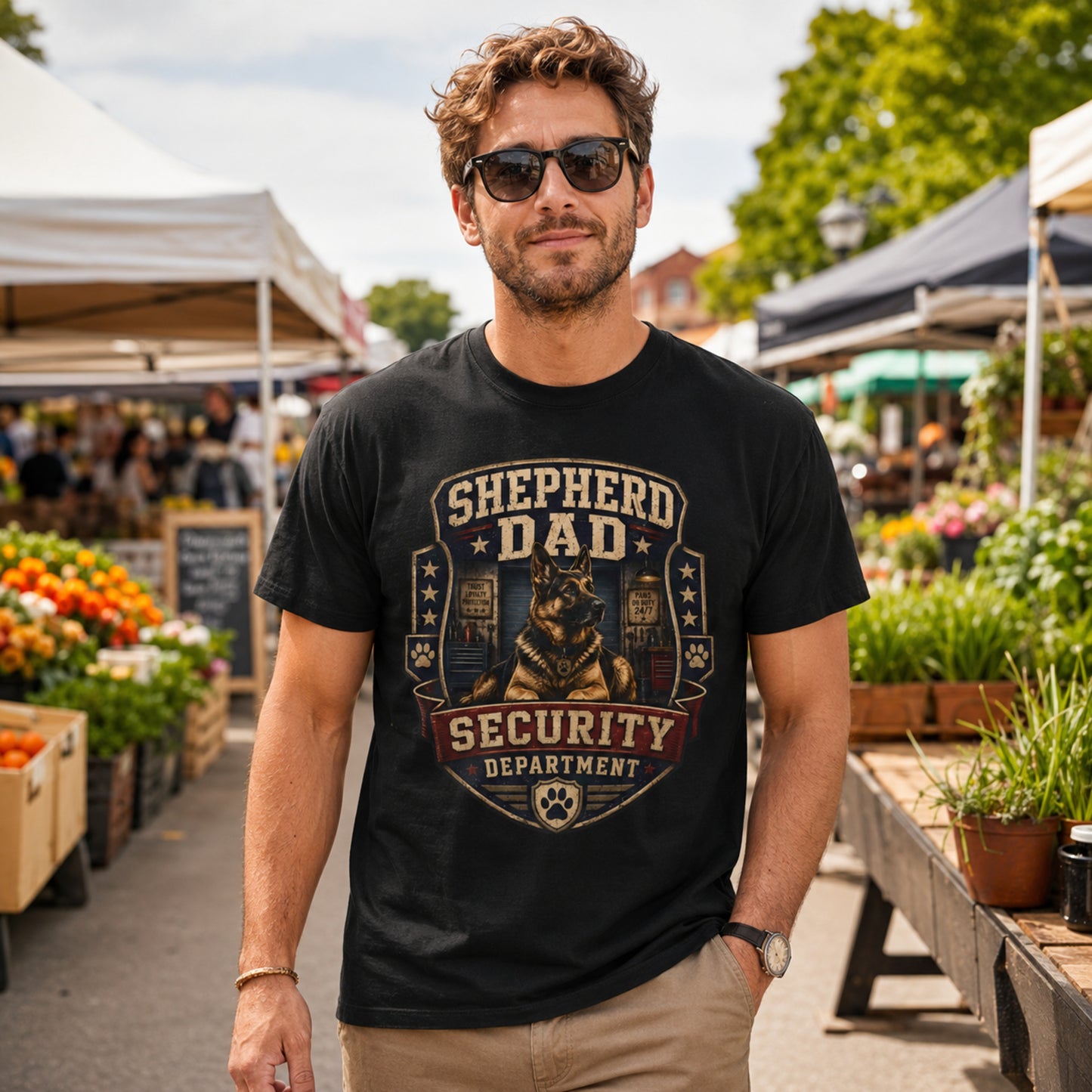 Model wearing a black Shepherd Dad Security Department t-shirt with a German Shepherd in a lifestyle scene