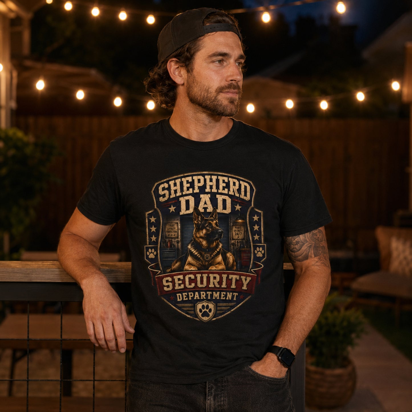 Model wearing a black Shepherd Dad Security Department t-shirt with a German Shepherd in a lifestyle scene