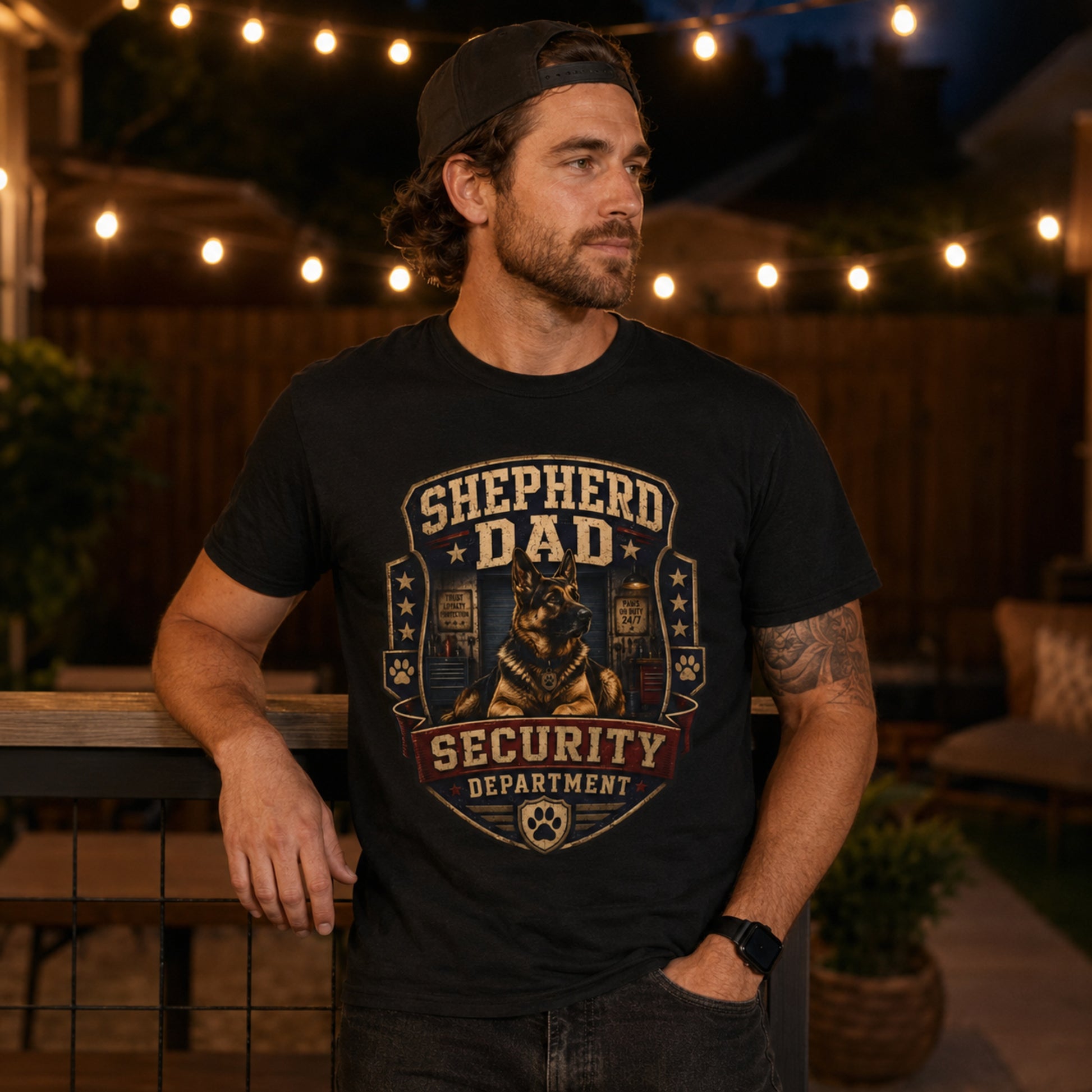 Model wearing a black Shepherd Dad Security Department t-shirt with a German Shepherd in a lifestyle scene