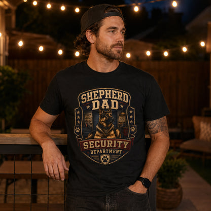 Model wearing a black Shepherd Dad Security Department t-shirt with a German Shepherd in a lifestyle scene