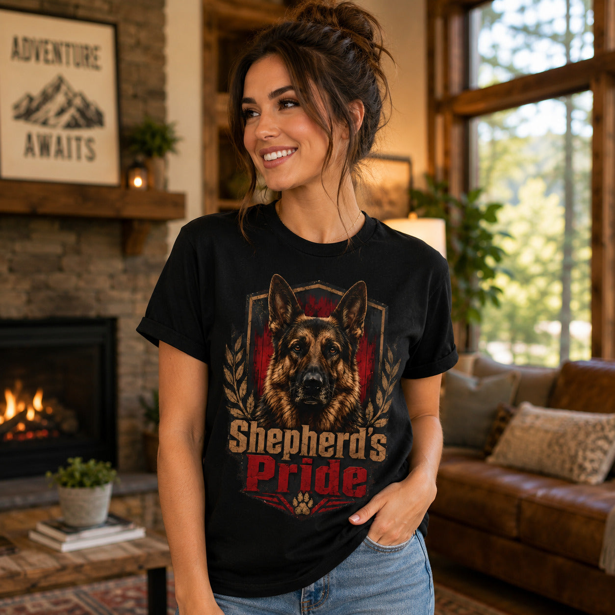 Model wearing a black Shepherd's Pride t-shirt with a German Shepherd in a lifestyle scene
