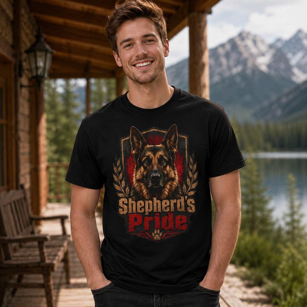 Model wearing a black Shepherd's Pride t-shirt with a German Shepherd in a lifestyle scene