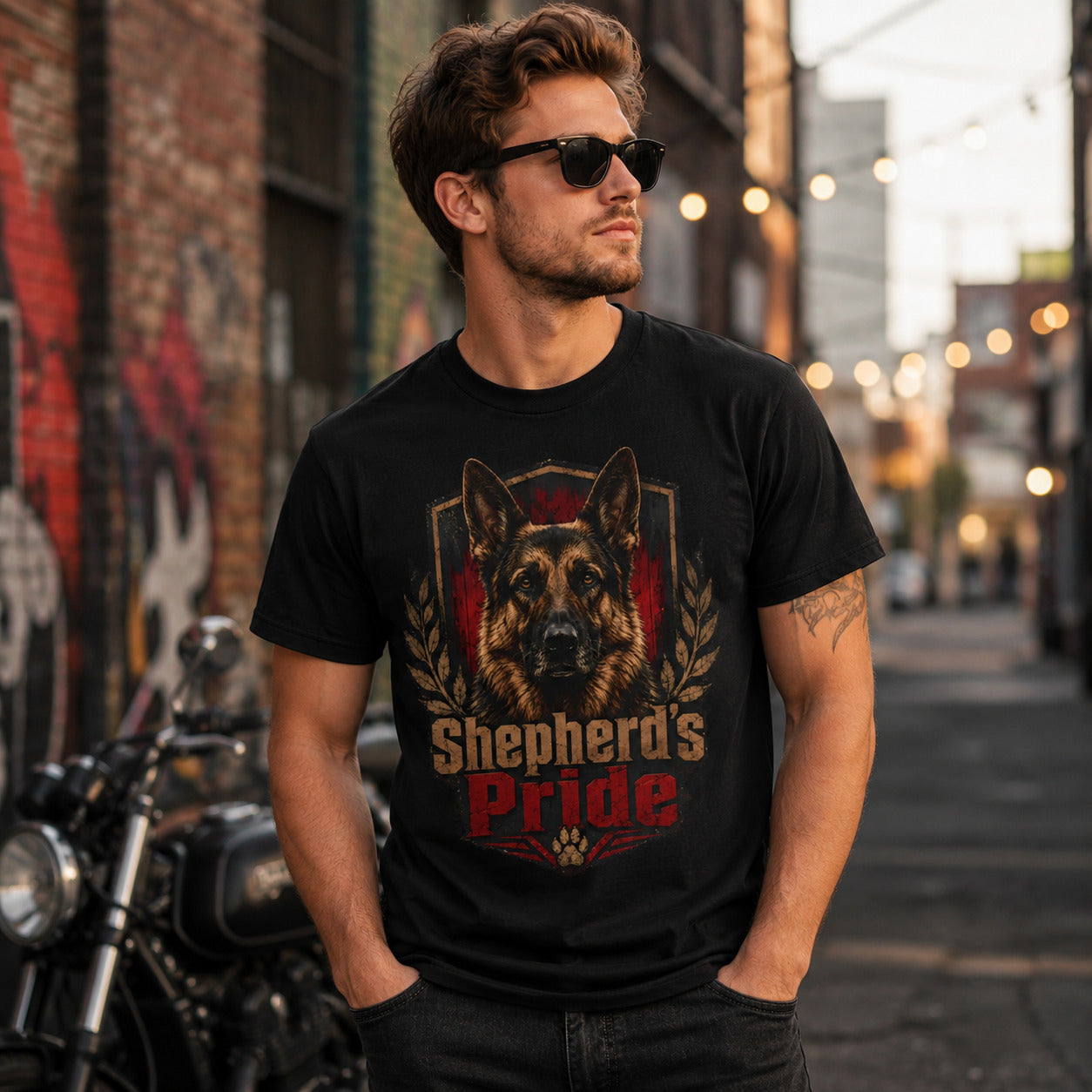 Model wearing a black Shepherd's Pride t-shirt with a German Shepherd in a lifestyle scene