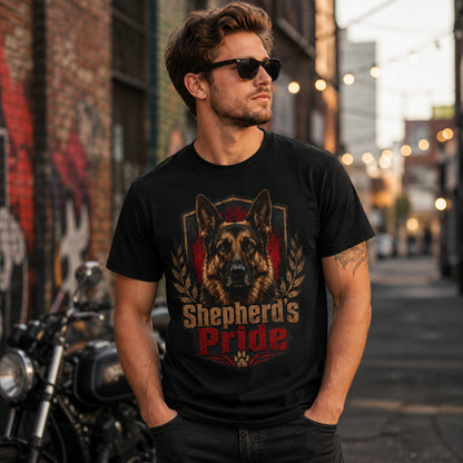 Model wearing a black Shepherd's Pride t-shirt with a German Shepherd in a lifestyle scene