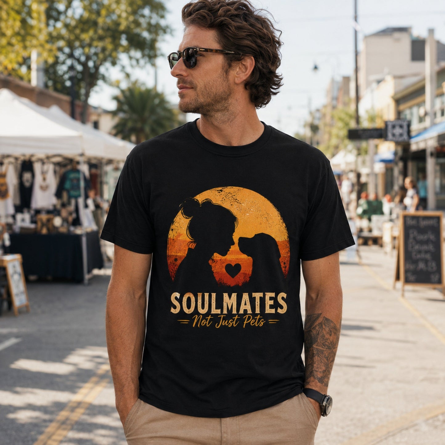 Man wearing a black Soulmates Not Just Pets T-shirt with dog silhouette sunset artwork in a city market scene.