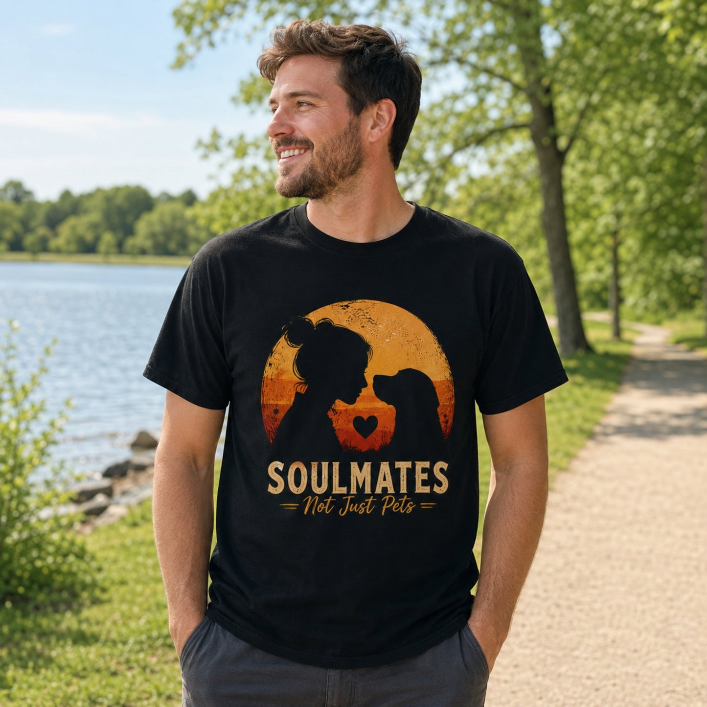 Man wearing a black Soulmates Not Just Pets T-shirt with dog silhouette sunset artwork near a lakeside park.