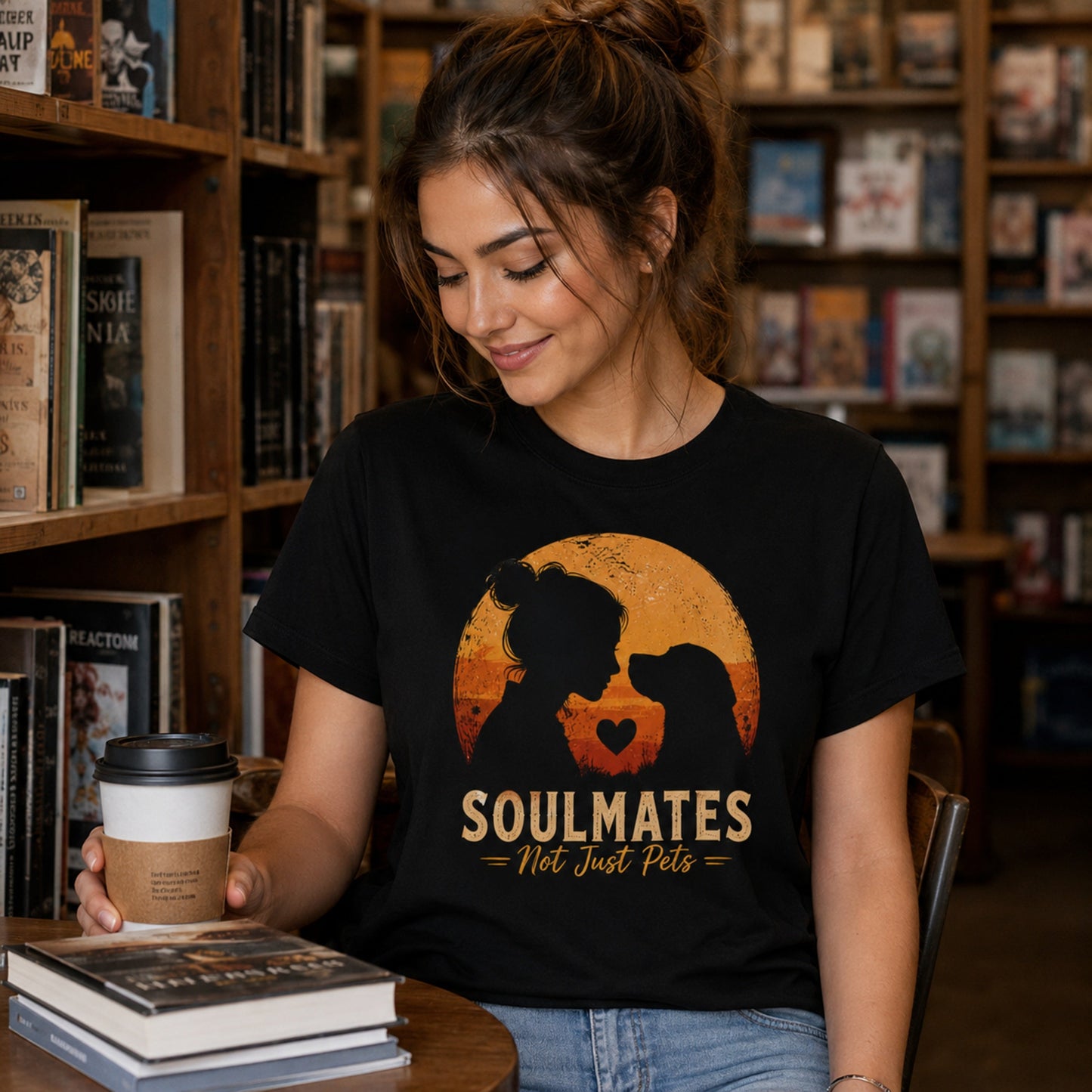 Woman wearing a black Soulmates Not Just Pets T-shirt with dog silhouette sunset artwork in a bookstore with coffee and books.
