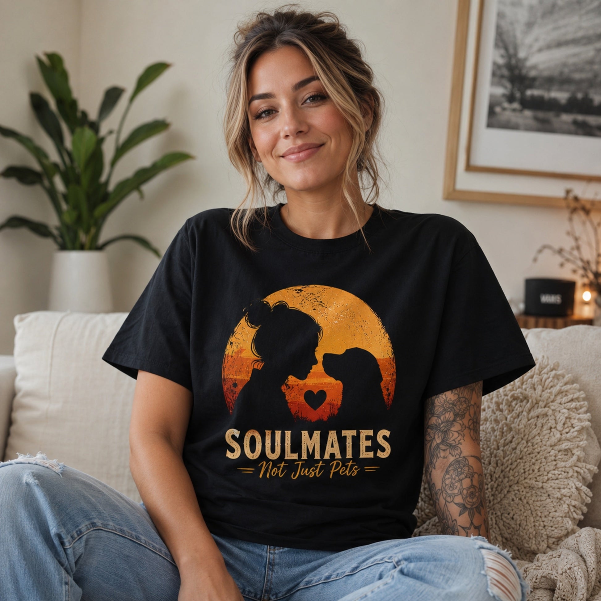 Woman wearing a black Soulmates Not Just Pets T-shirt with dog silhouette sunset artwork while seated in a living room.