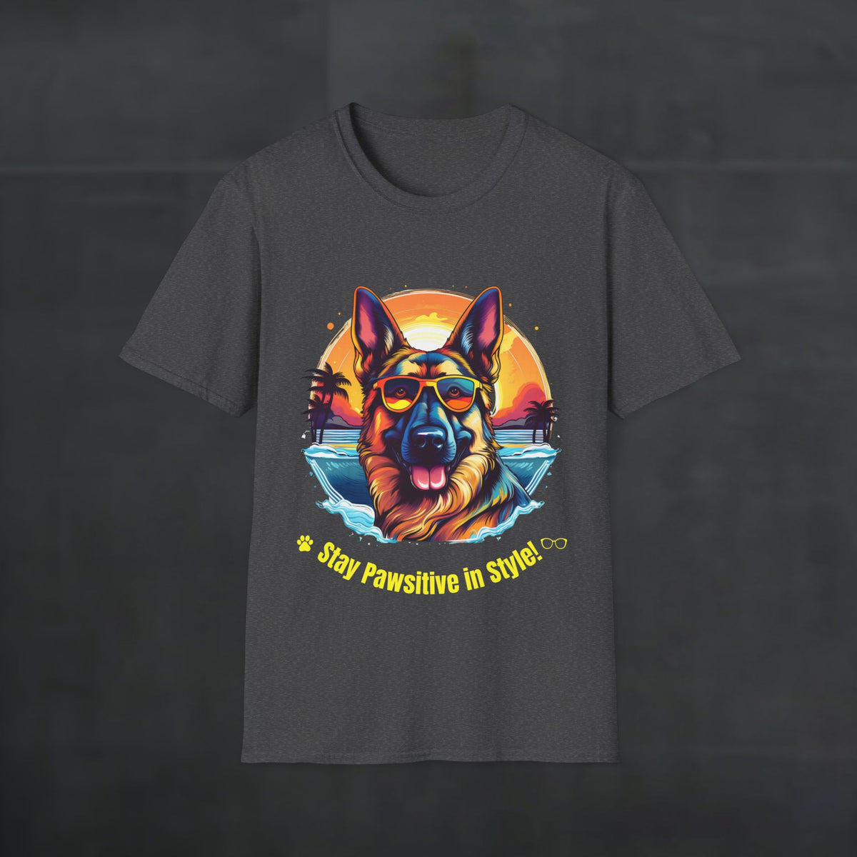 Dark Heather Color German Shepherd “Stay Pawsitive in Style” T-shirt with retro sunset beach dog graphic and sunglasses, front product mockup.