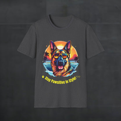 Dark Heather Color German Shepherd “Stay Pawsitive in Style” T-shirt with retro sunset beach dog graphic and sunglasses, front product mockup.