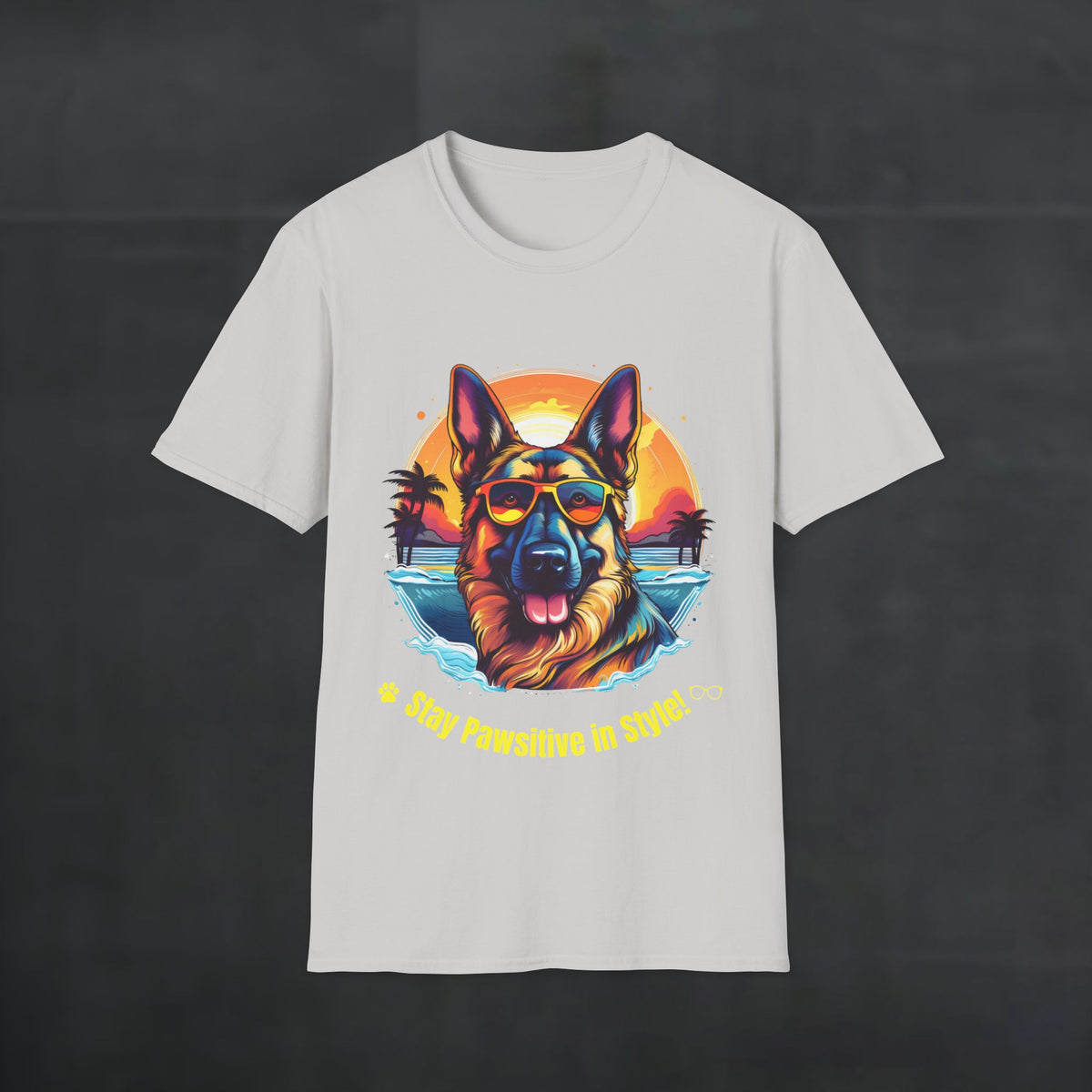 Ice Grey color German Shepherd “Stay Pawsitive in Style” T-shirt with retro sunset beach dog graphic and sunglasses, front product mockup.