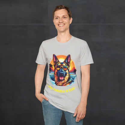 Male model wearing Ice Grey color German Shepherd “Stay Pawsitive in Style” T-shirt with colorful retro sunset beach dog graphic.
