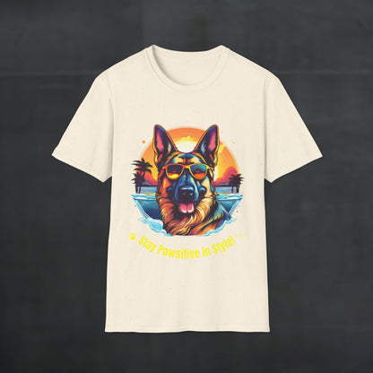 Natural color German Shepherd “Stay Pawsitive in Style” T-shirt with retro sunset beach dog graphic and sunglasses, front product mockup.