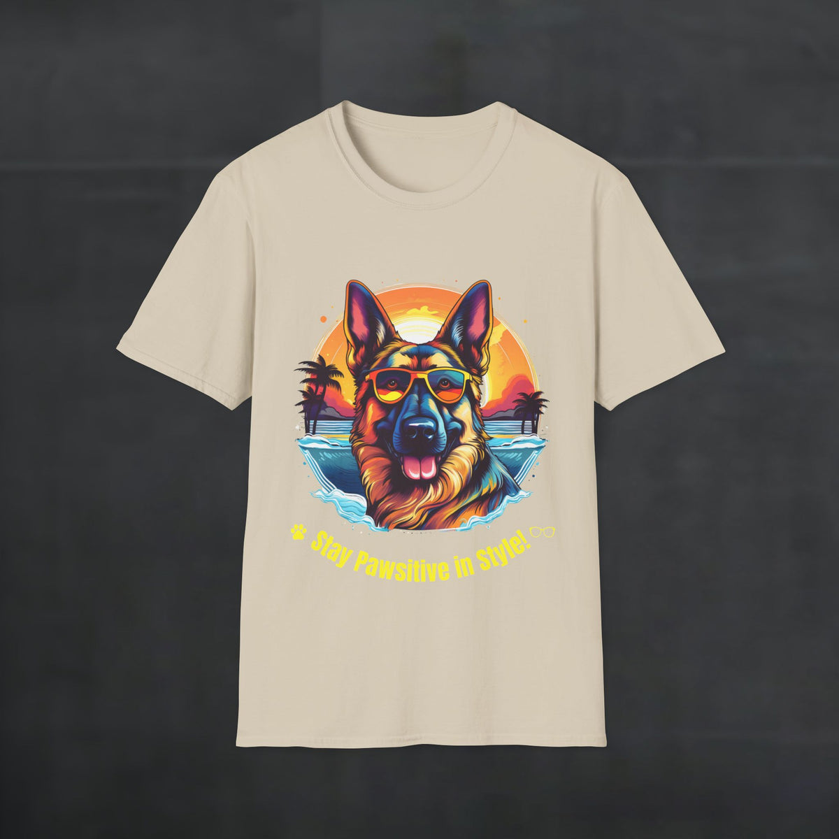 Sand color German Shepherd “Stay Pawsitive in Style” T-shirt with retro sunset beach dog graphic and sunglasses, front product mockup.