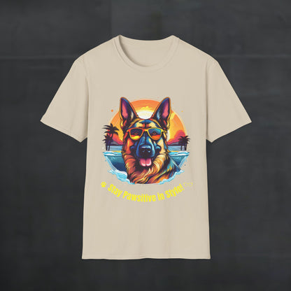 Sand color German Shepherd “Stay Pawsitive in Style” T-shirt with retro sunset beach dog graphic and sunglasses, front product mockup.