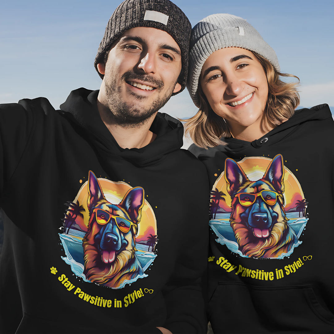 Couple wearing black Stay Pawsitive in Style hoodies with German Shepherd graphics in a winter outdoor setting.