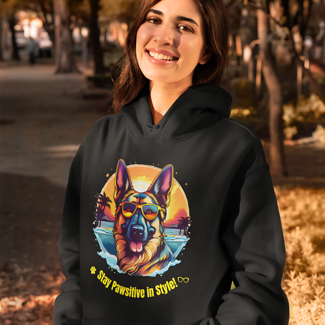 Woman wearing a black Stay Pawsitive in Style hoodie with a German Shepherd graphic in an autumn park.