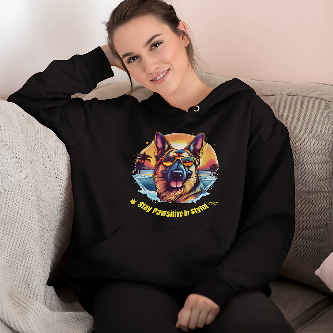 Woman wearing a black Stay Pawsitive in Style hoodie with a German Shepherd graphic while relaxing on a sofa at home.