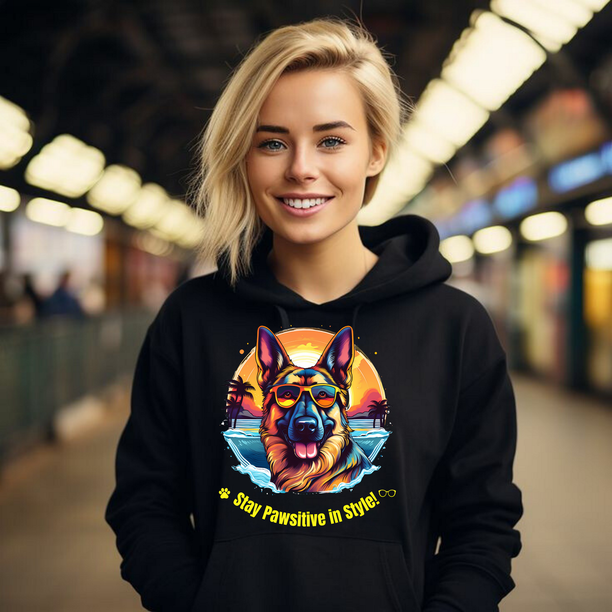 Woman wearing a black Stay Pawsitive in Style hoodie with a German Shepherd graphic inside a transit station.