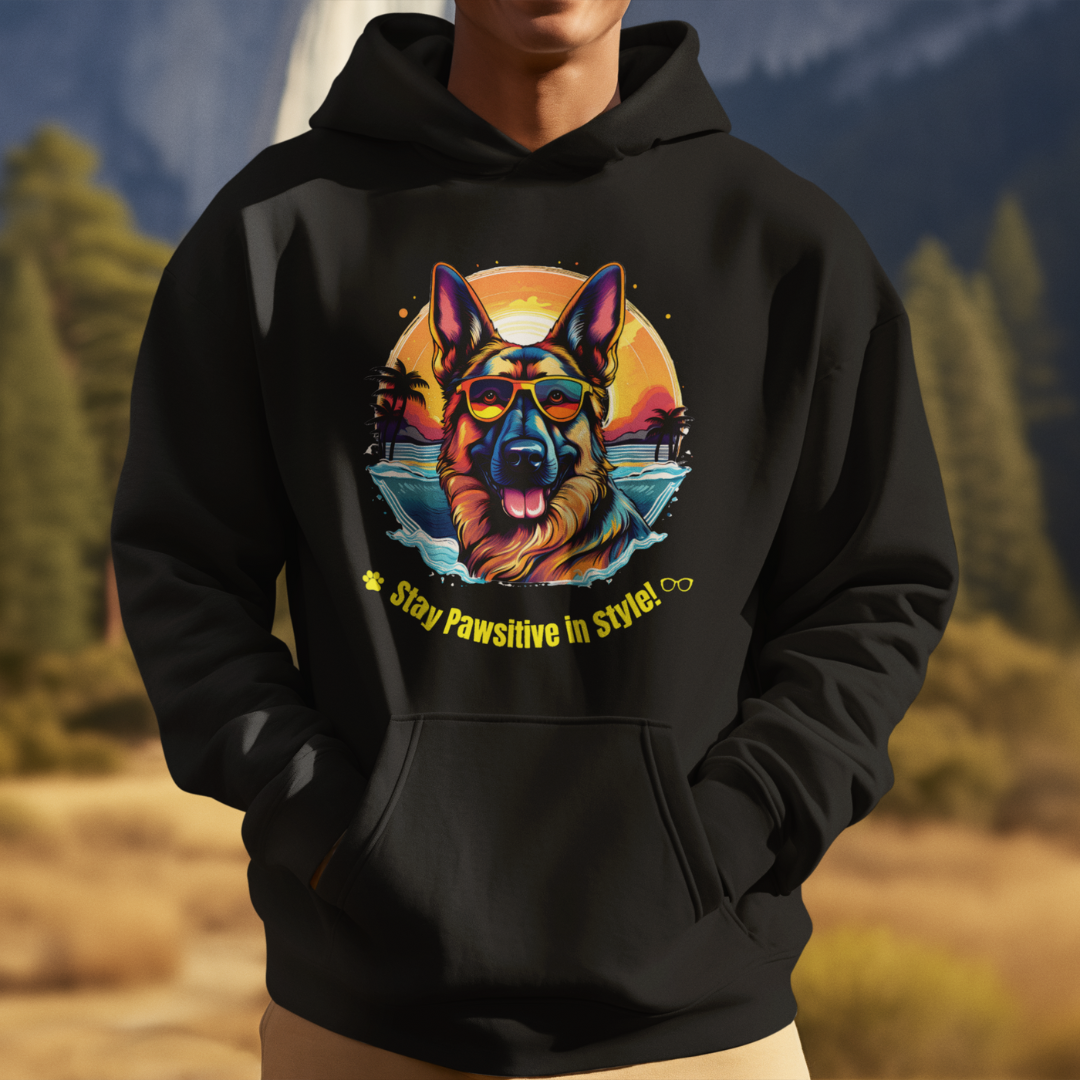 Man wearing a black Stay Pawsitive in Style hoodie with a German Shepherd graphic in a mountain landscape.
