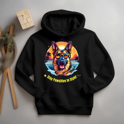 Black Stay Pawsitive in Style hoodie with a German Shepherd graphic arranged as a flat lay with wooden props.