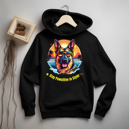 Black Stay Pawsitive in Style hoodie with a German Shepherd graphic displayed on a hanger against a light wall.