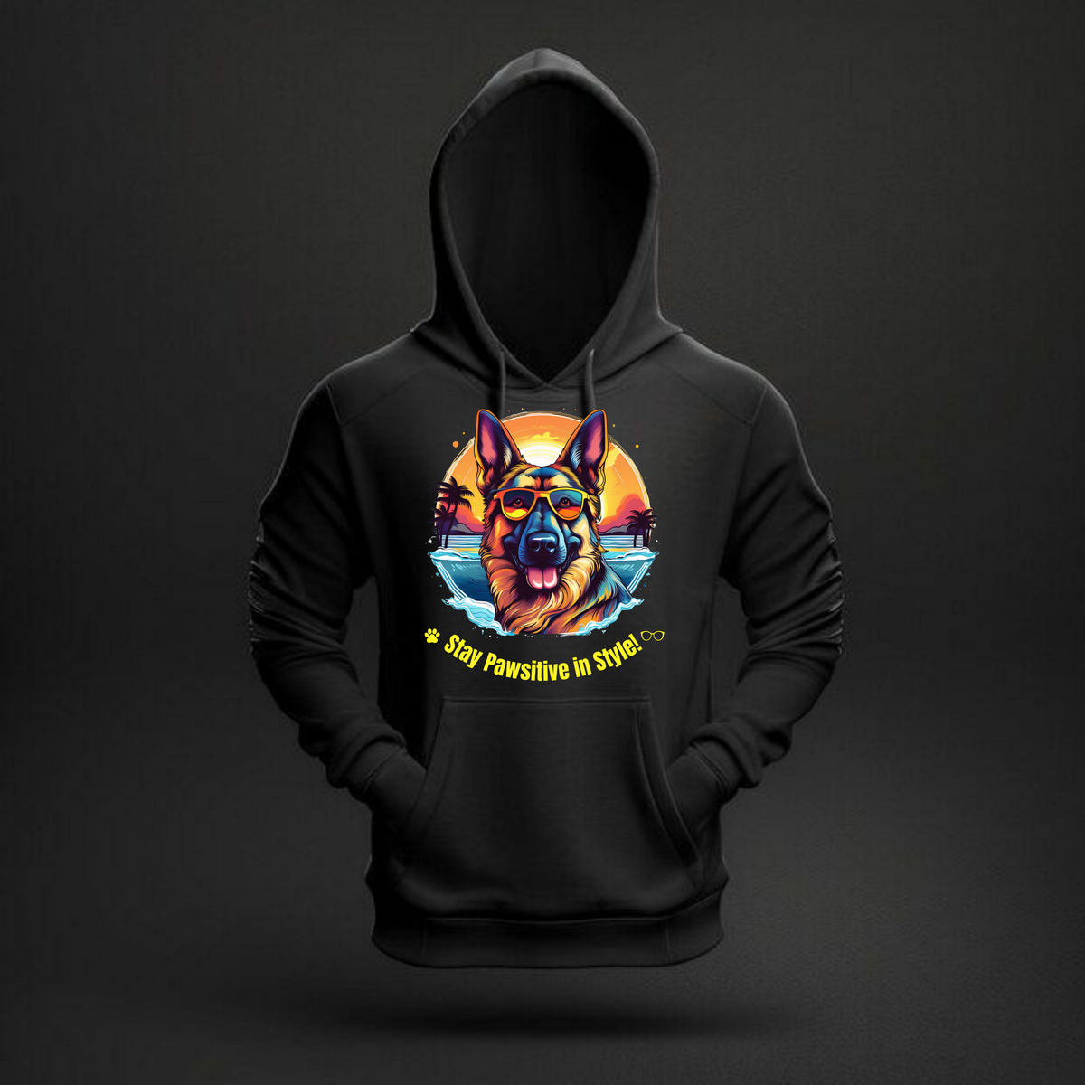 Black Stay Pawsitive in Style hoodie with a German Shepherd graphic displayed in a dark studio.