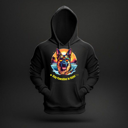 Black Stay Pawsitive in Style hoodie with a German Shepherd graphic displayed in a dark studio.