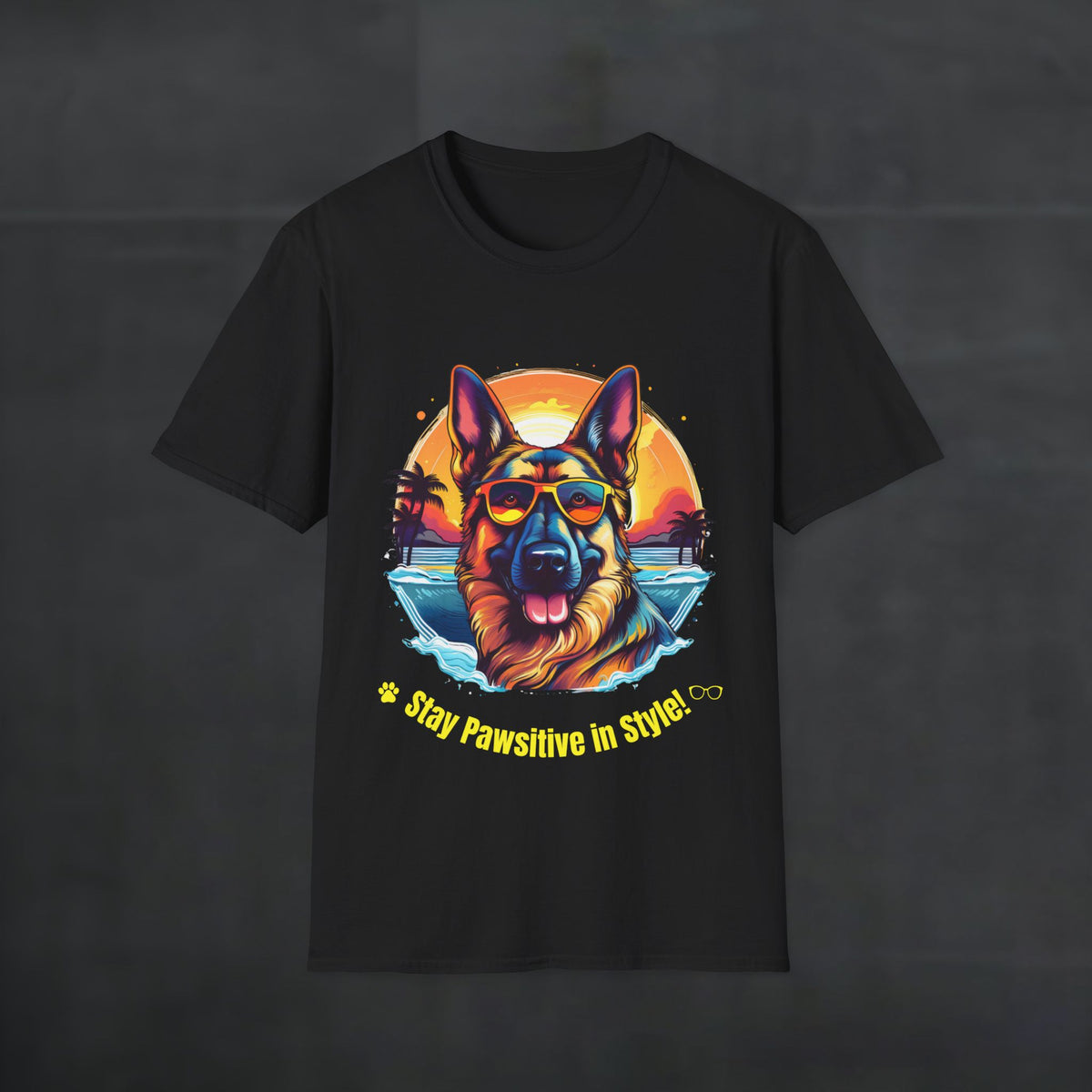 Black Stay Pawsitive German Shepherd t-shirt shown as a flat product shot with a German Shepherd graphic
