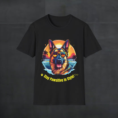 Black Stay Pawsitive German Shepherd t-shirt shown as a flat product shot with a German Shepherd graphic