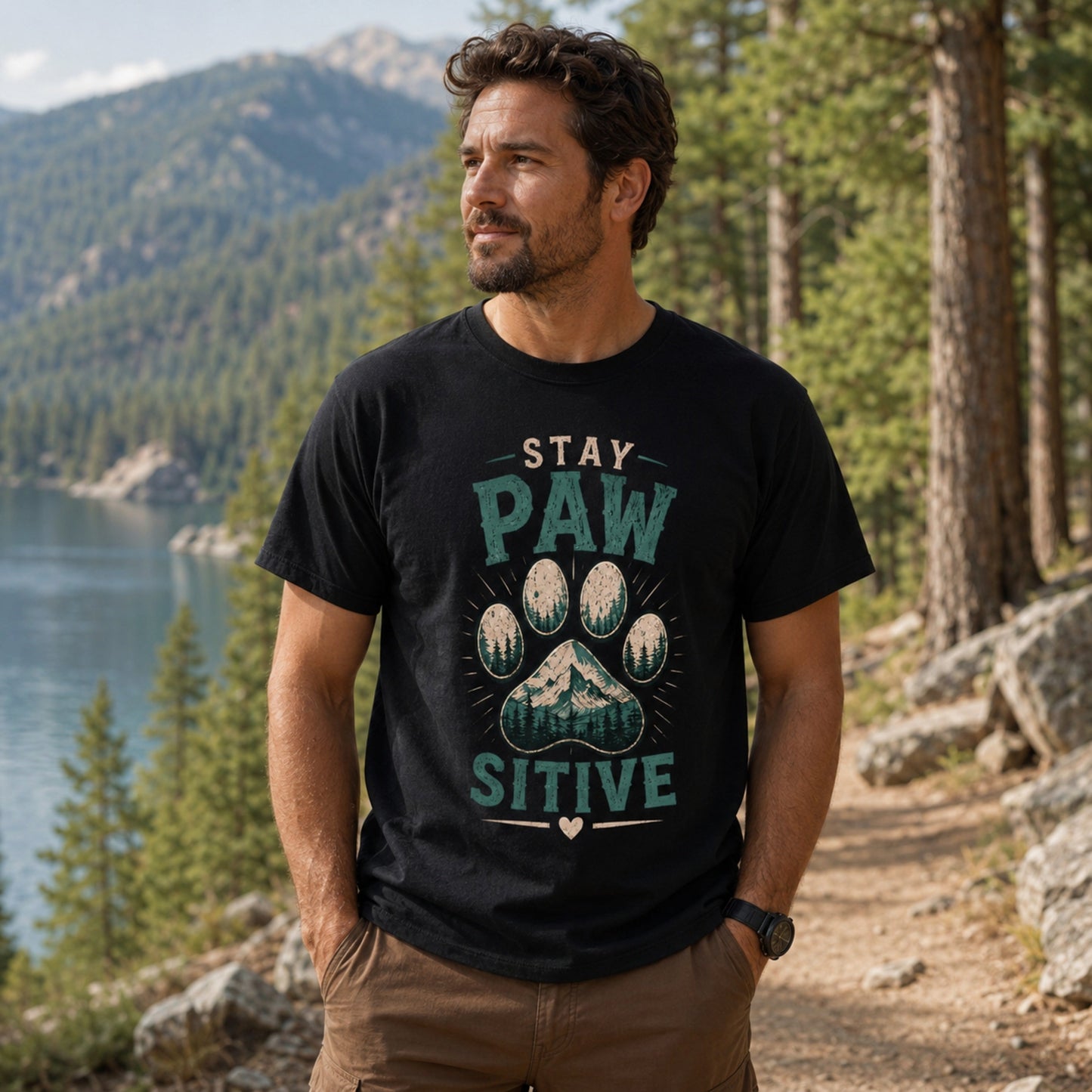 Man wearing a black Stay Pawsitive T-shirt on a lakeside forest trail.