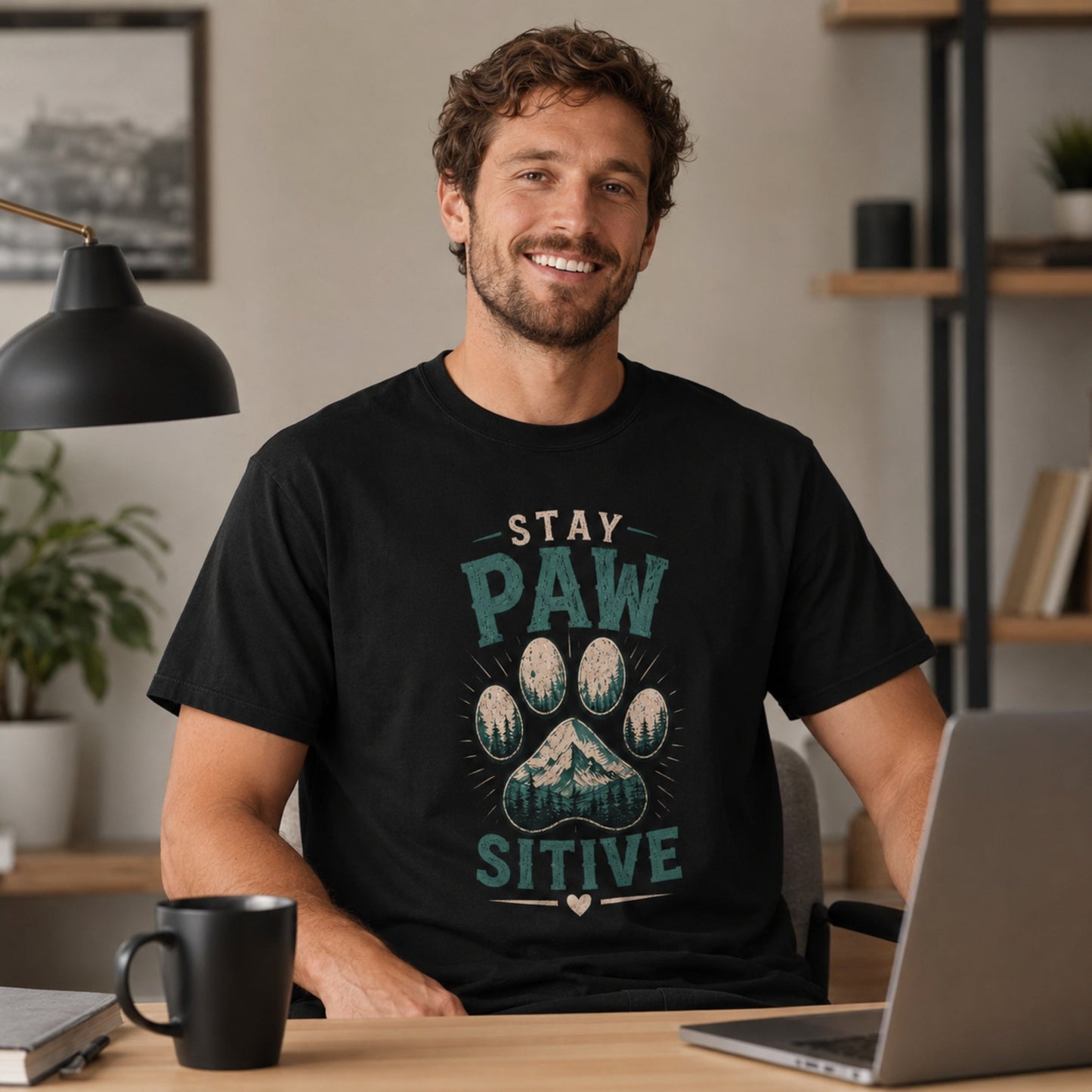 Man wearing a black Stay Pawsitive T-shirt at a desk with a laptop and coffee mug.