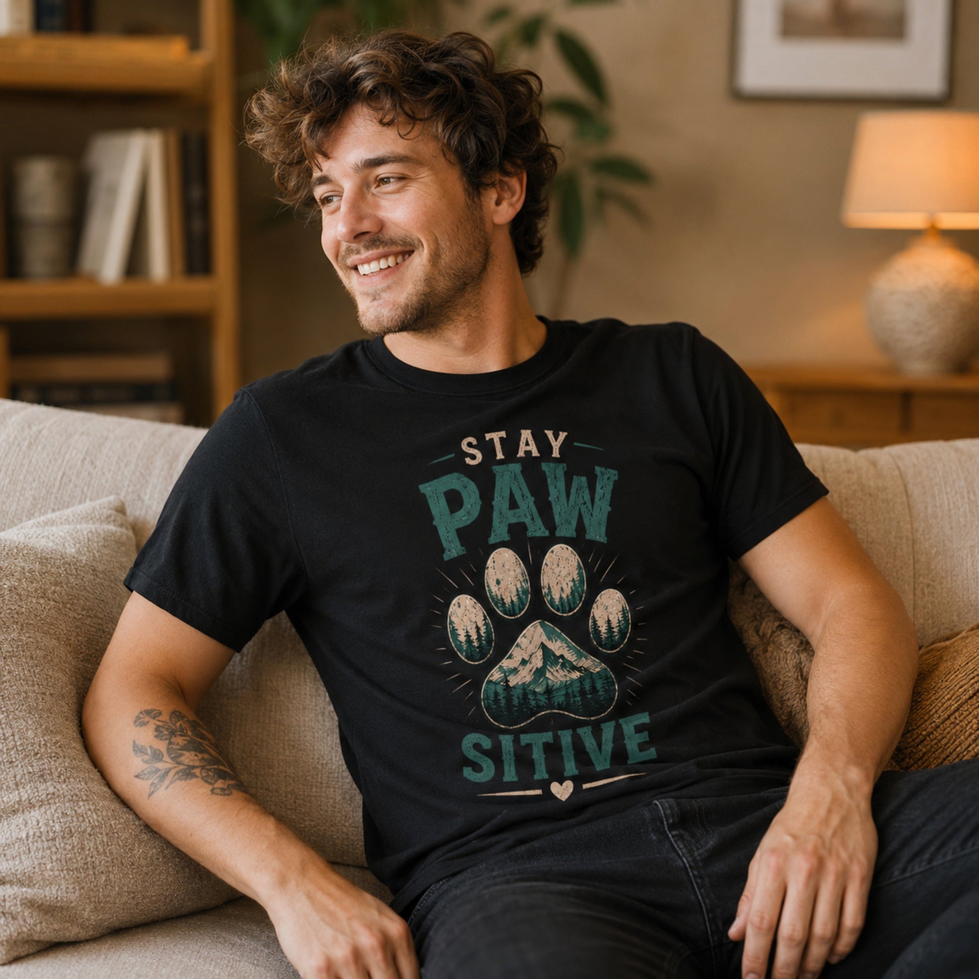Man wearing a black Stay Pawsitive T-shirt while sitting on a sofa in a living room.