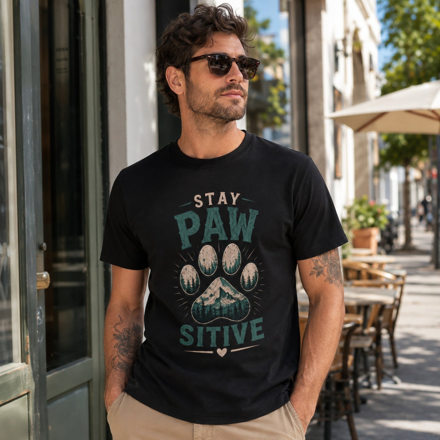 Man wearing a black Stay Pawsitive T-shirt in an outdoor cafe setting.