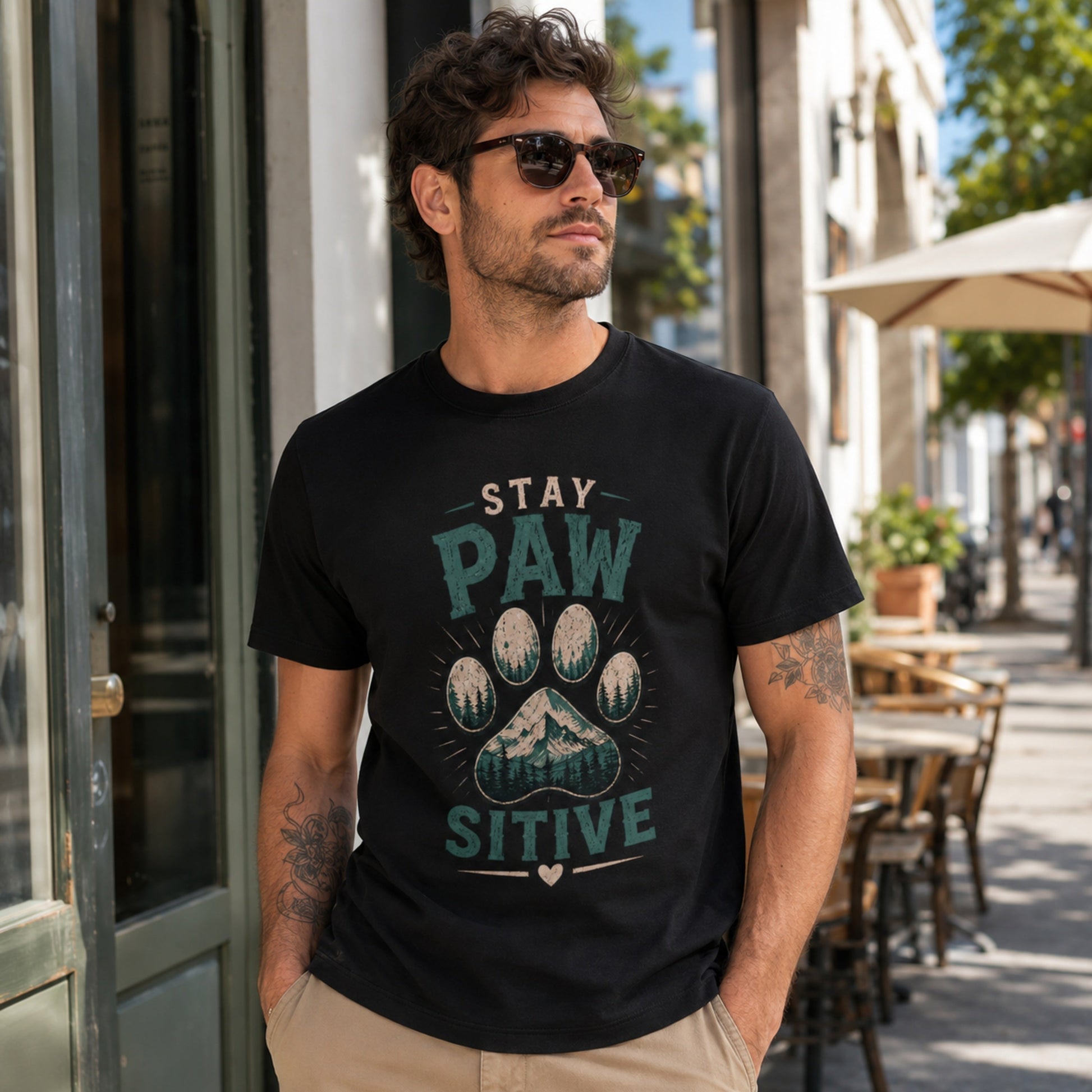 Man wearing a black Stay Pawsitive T-shirt in an outdoor cafe setting.