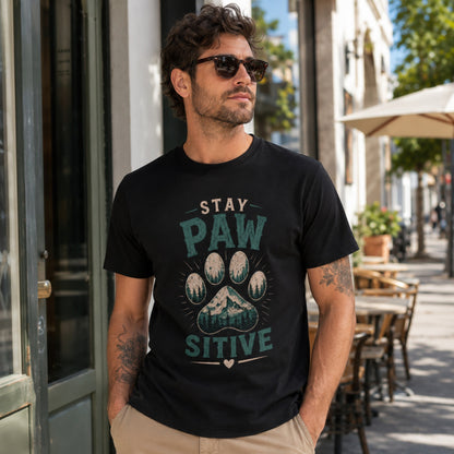 Man wearing a black Stay Pawsitive T-shirt in an outdoor cafe setting.