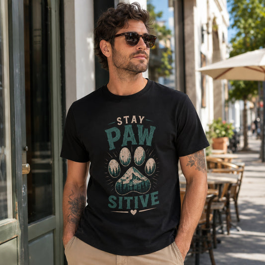 Man wearing a black Stay Pawsitive T-shirt in an outdoor cafe setting.