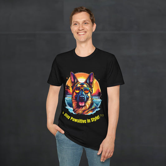 Man wearing a black Stay Pawsitive German Shepherd t-shirt with a German Shepherd graphic in a street lifestyle scene