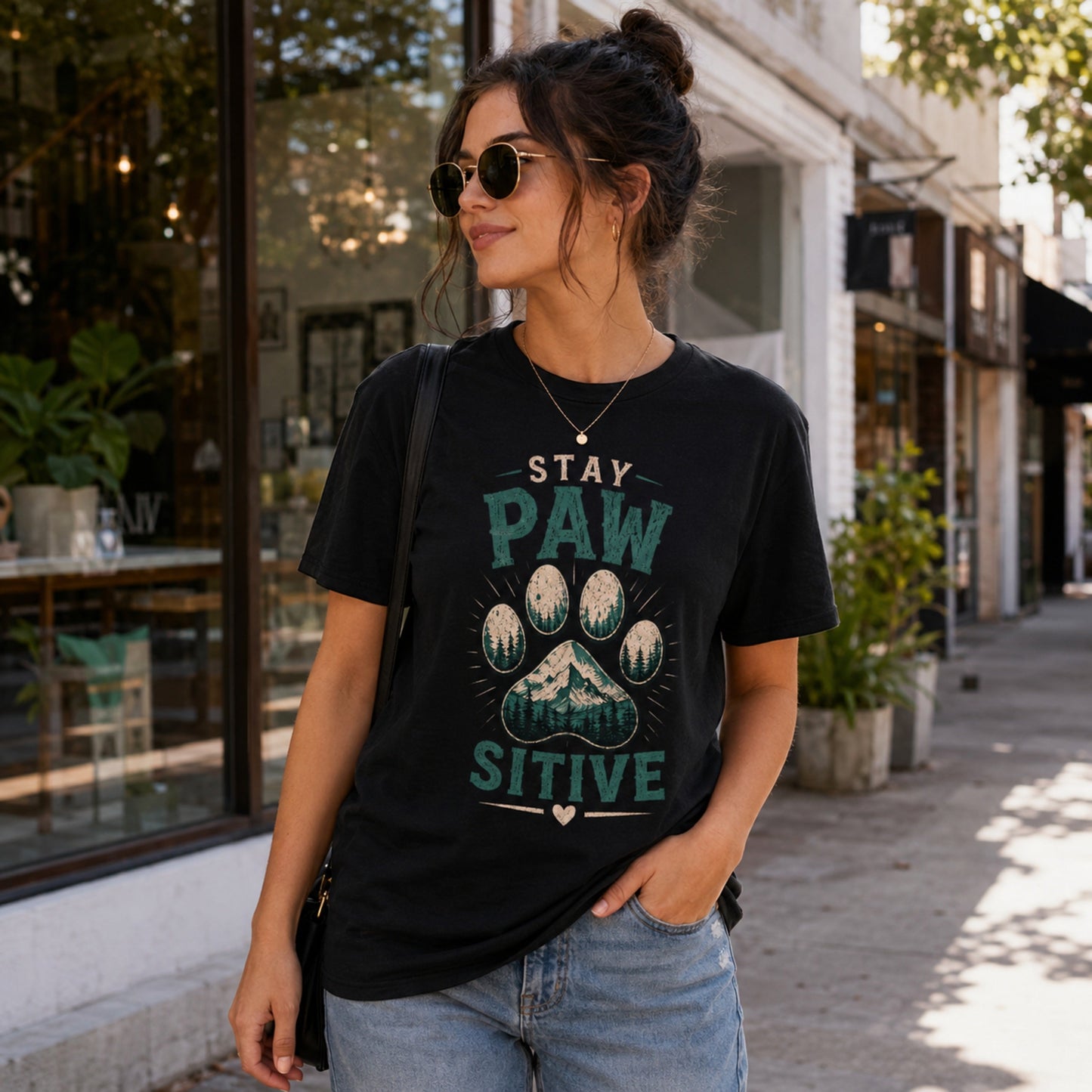 Woman wearing a black Stay Pawsitive T-shirt on a boutique street.