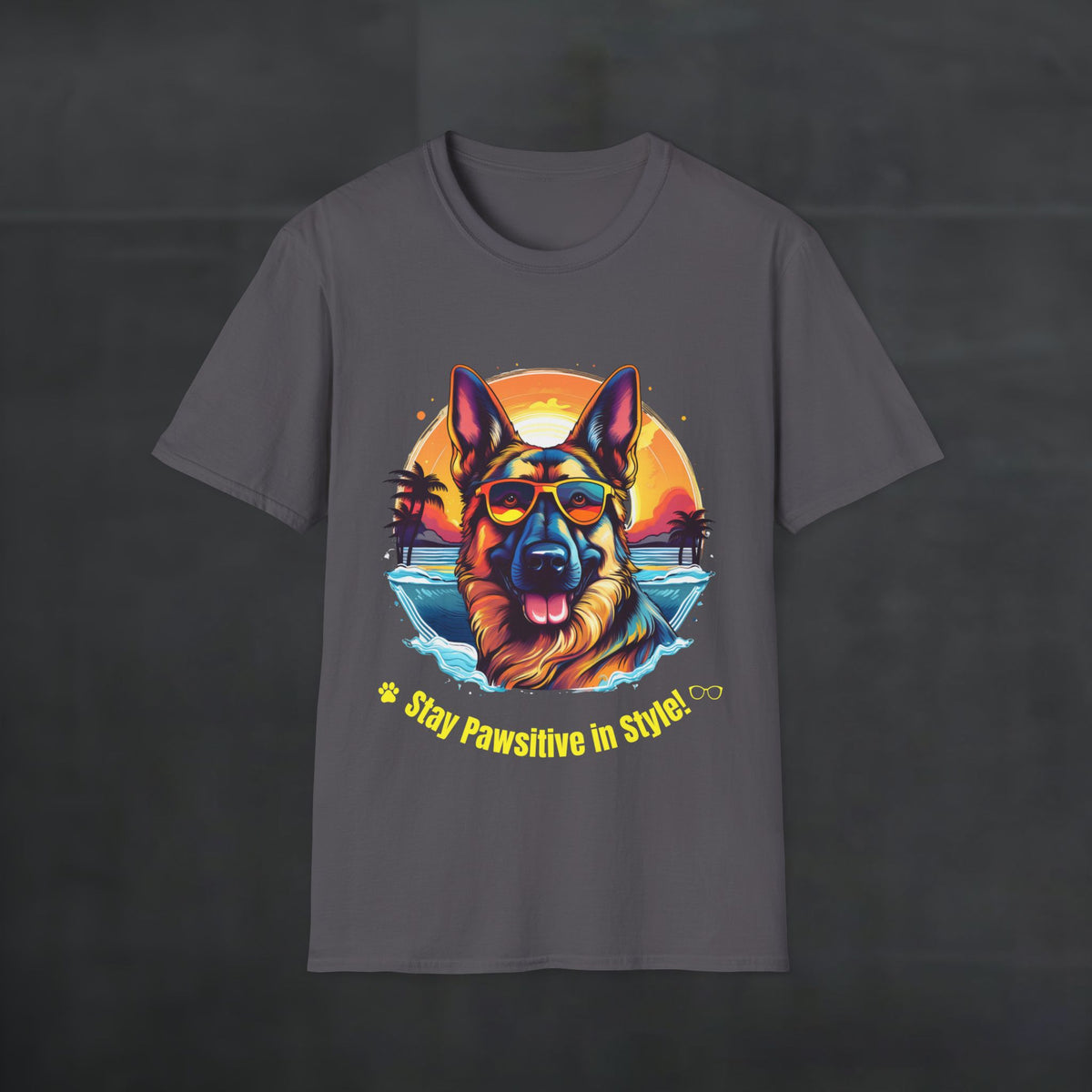 Charcoal color Stay Pawsitive German Shepherd t-shirt shown as a flat product shot with a German Shepherd graphic