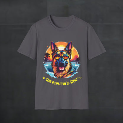Charcoal color Stay Pawsitive German Shepherd t-shirt shown as a flat product shot with a German Shepherd graphic