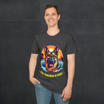Man wearing a dark heather color Stay Pawsitive German Shepherd t-shirt with a German Shepherd graphic in a street lifestyle scene