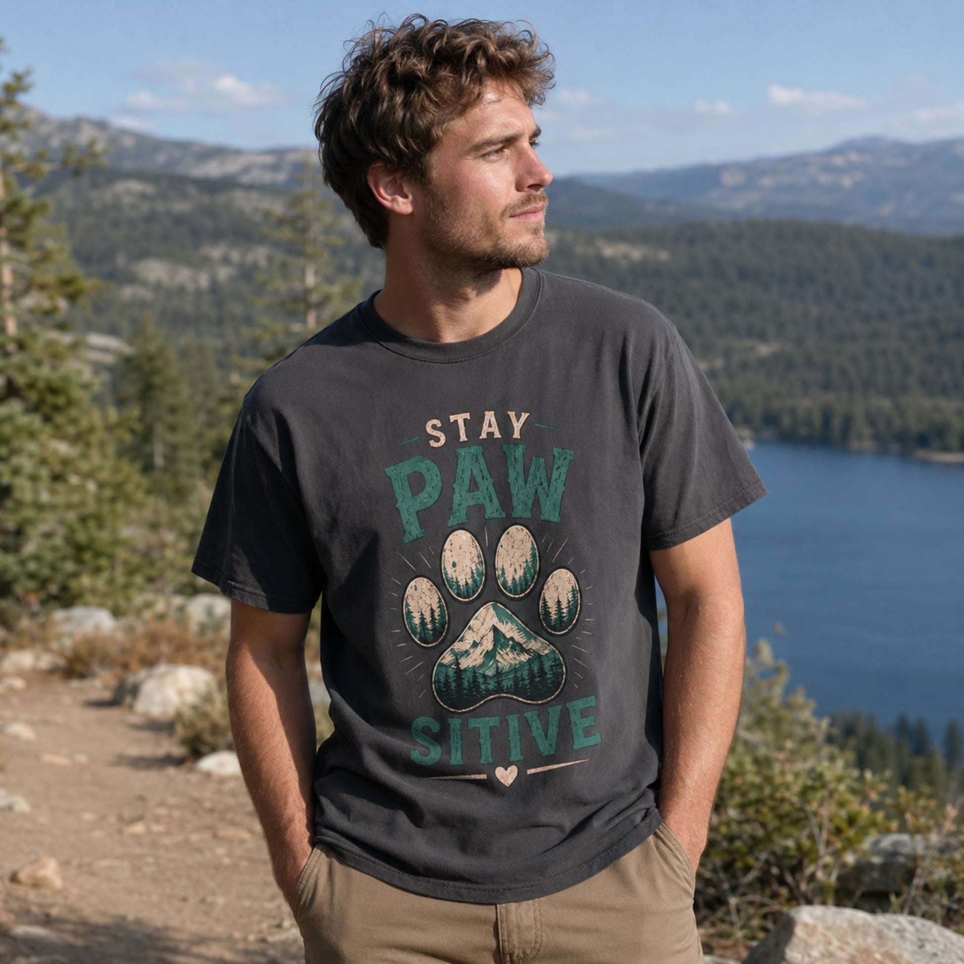 Man wearing a graphite Stay Pawsitive T-shirt at a lakeside mountain overlook.