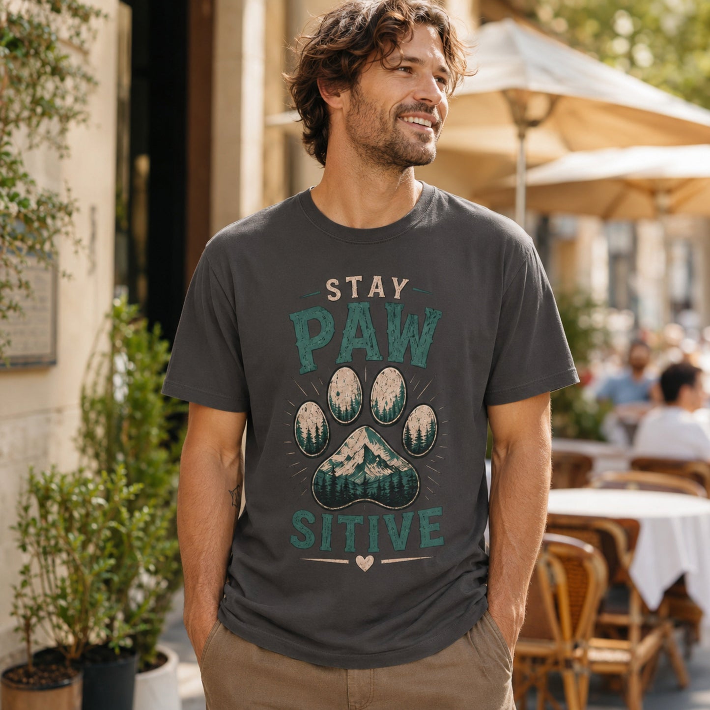 Man wearing a graphite Stay Pawsitive T-shirt in an outdoor cafe setting.