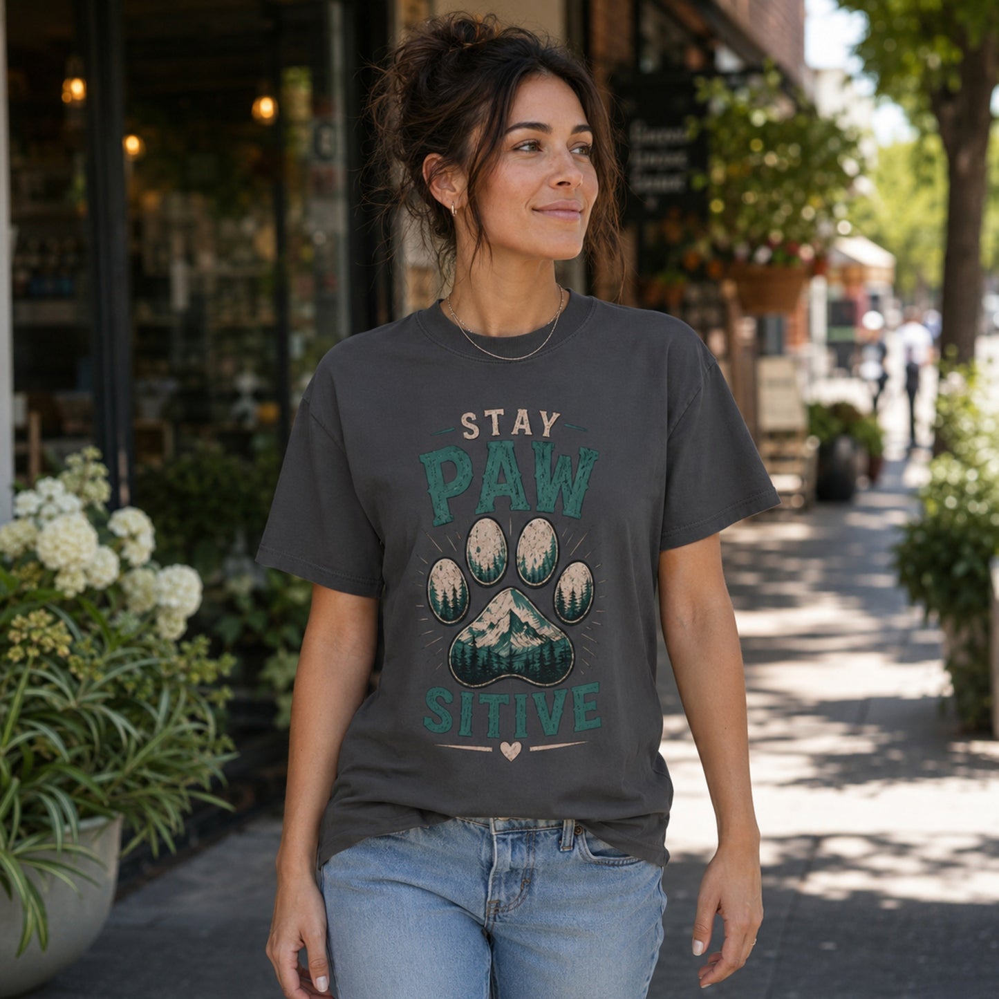 Woman wearing a graphite Stay Pawsitive T-shirt on a boutique street.