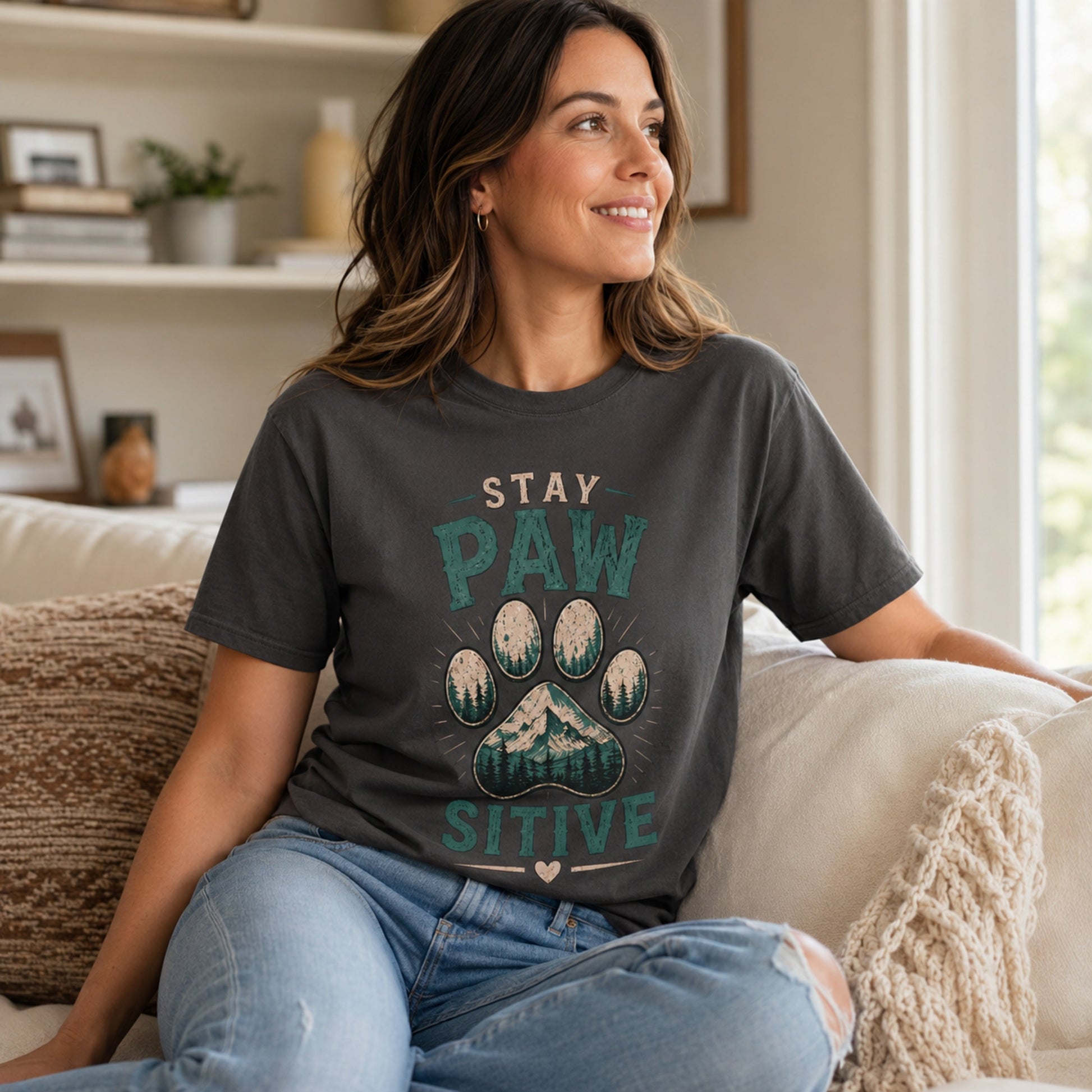 Woman wearing a graphite Stay Pawsitive T-shirt while sitting on a sofa in a living room.
